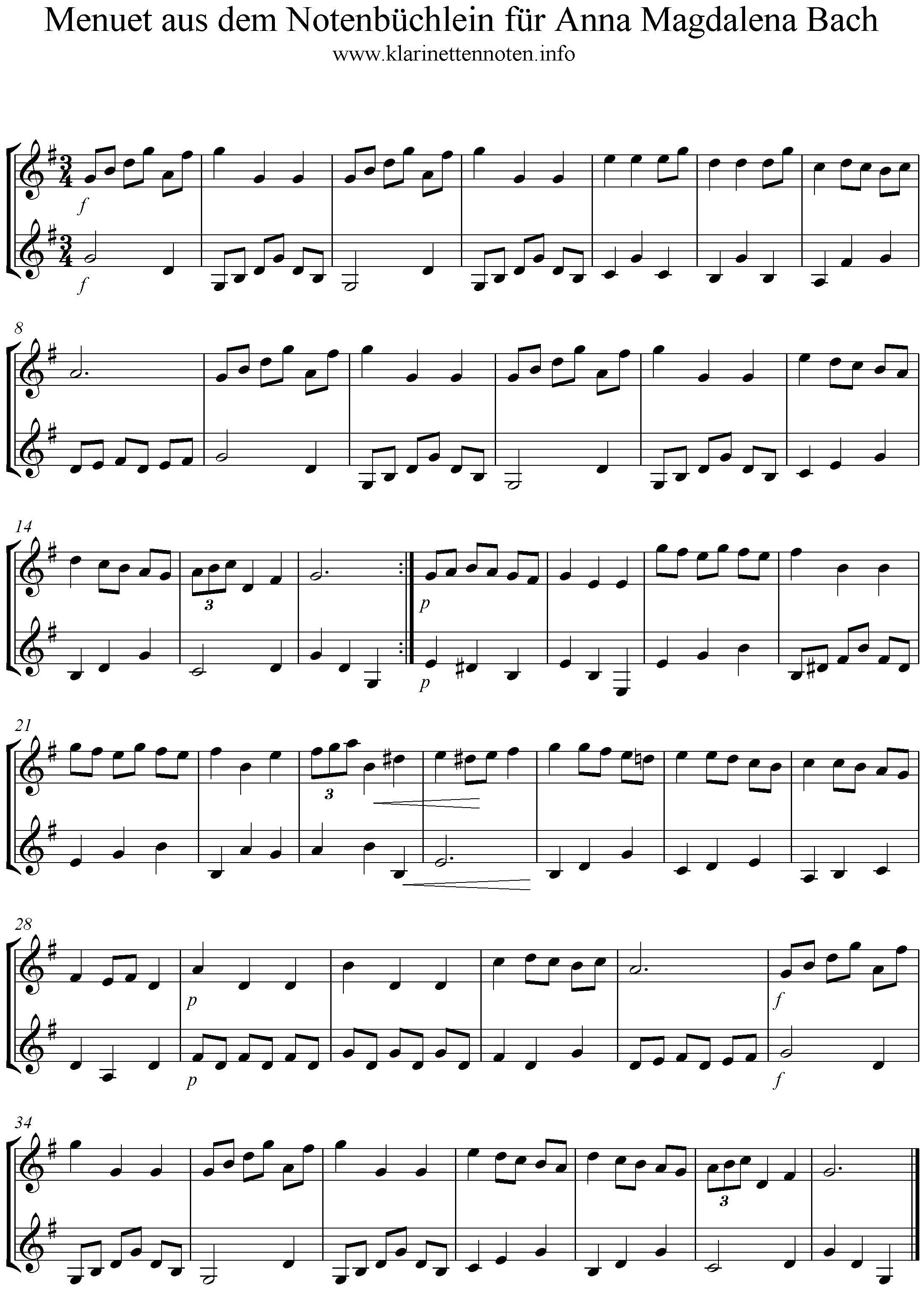 Menuett aus dem Notenbüchlein für Anna Magdalena Bach, Klarinette